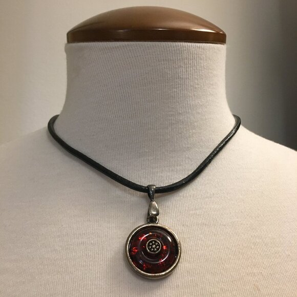 Vintage Red Vampiric Glass, Metal and Leather Necklace - Picture 1 of 10